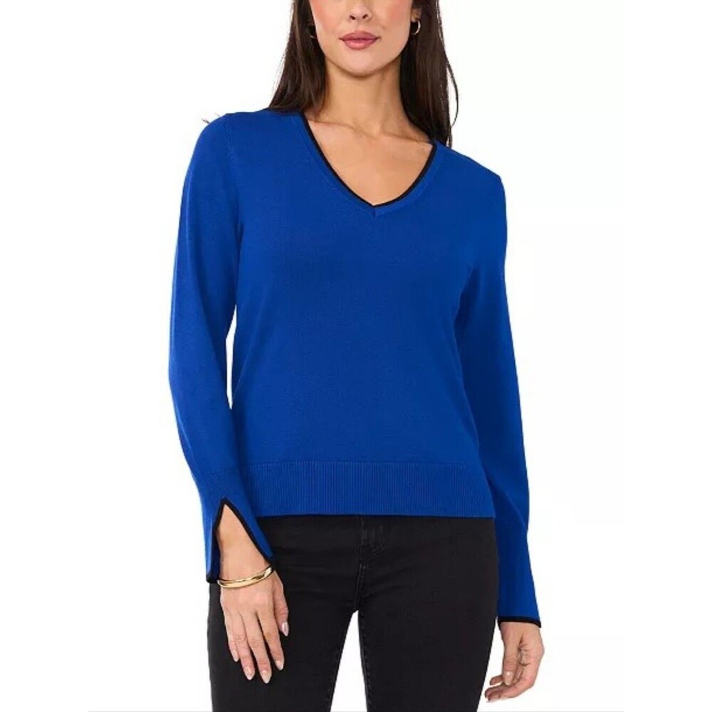 Sam and Jess XL Royal Blue V-Neck Sweater Black Trim Split Cuff